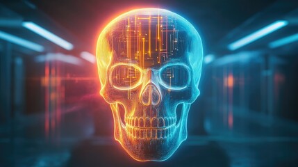 Futuristic glowing skull with digital circuits, symbolizing technology, artificial intelligence, and the fusion of humanity and machine.