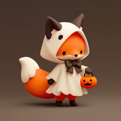 Naklejka premium Adorable orange fox dressed in a ghost costume, holding a pumpkin bucket for Halloween festivities.