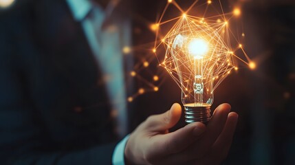 Person holding a glowing light bulb with a network of connected lines