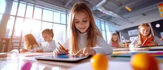 Happy children engaged in creative activities using tablets in a bright classroom environment filled with colors and laughter.