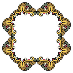 Square ethnic frame with heads of fantastic animals. Native American of Aztec Indians from Mexican codex. Isolated vector illustration.