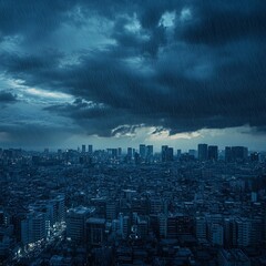 Fototapeta premium Rain over city. Panorama of modern city under dark dramatic stormy rainy clouds.