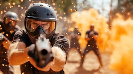 Intense tactical training scene featuring masked individuals engaging in a dramatic exercise with smoke and explosive effects.