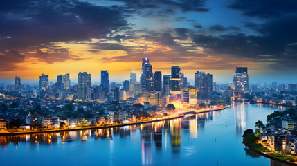 Fototapeta premium Gleaming Dusk View of Hanoi City Skyline Vibrant Architectural Marvels & Bustling Streets
