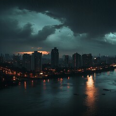 Obraz premium Rain over the city. Dark moody rainy clouds over modern city skyline panorama. Wide angle.