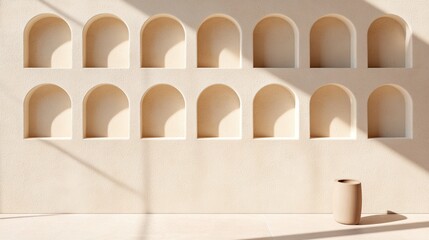 Obraz premium Minimalist wall design with arched niches casting soft shadows in a serene space. Perfect for modern interior aesthetics.