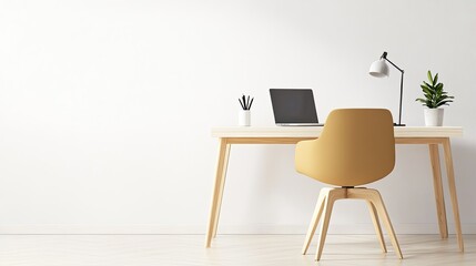 Minimalist workspace with a modern chair, desk, and laptop, perfect for inspiration and productivity in home or office settings.