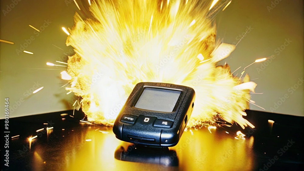 Poster a cell phone is on a table with a lot of sparks coming out of it
