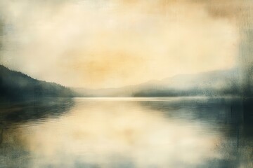 Tranquil Lake with Foggy Mountain Range and Golden Sky