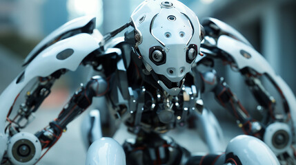 Obraz premium Complex industrial robot with exposed mechanical parts in a crouched pose.