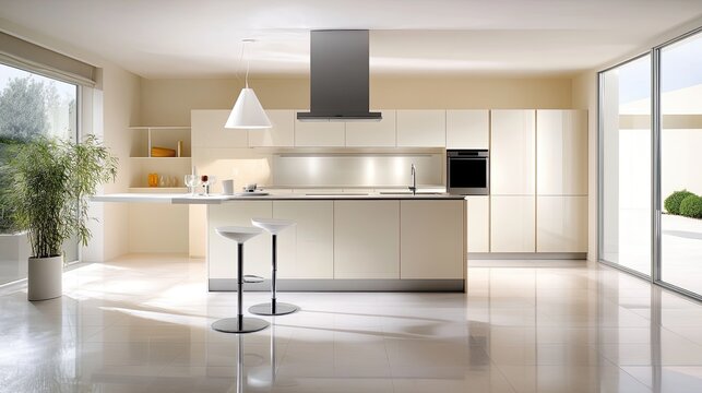 Modern kitchen featuring sleek design, bright space, and minimalistic decor, perfect for contemporary living.