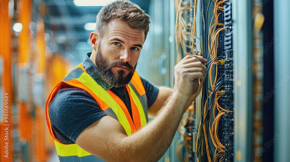 Poster professional technician working on network cables in a data center, ensuring system connectivity and