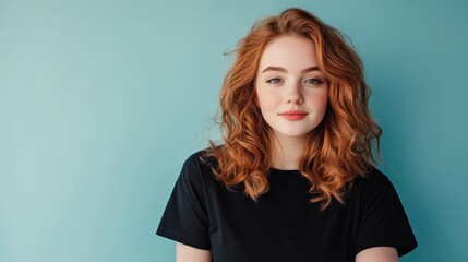 Portrait of a young woman with red curly hair against a teal background, exuding confidence and warmth in a casual attire.