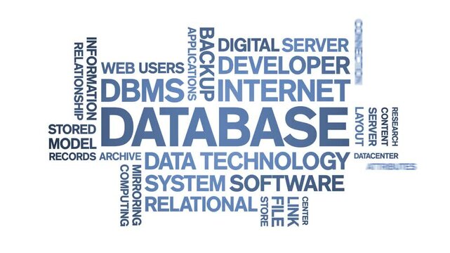 Database animated word cloud;text design animation tag kinetic typography seamless loop.