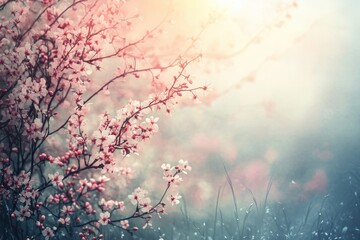 Delicate Pink and White Blossoms on a Branch Against a Blurred Background