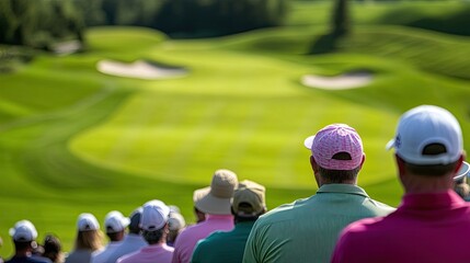 Spectators enjoy a golf tournament, focusing on the beautiful green course and sandy bunkers in the background.