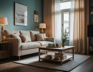 Fototapeta premium A living room with cold colors, a couch, decoration and natural light