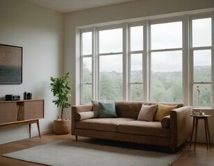 A living room with a couch, decoration and natural light