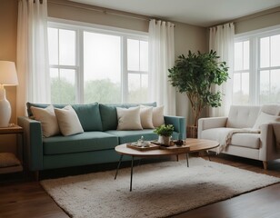 A living room with a couch, decoration and natural light