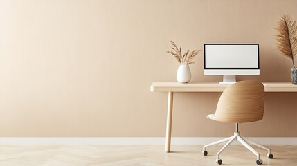 Stylish home office interior with a modern desk, computer, and decorative plants on a soft beige background.
