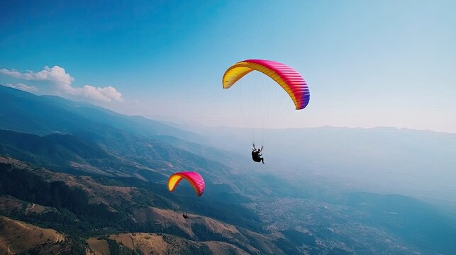 Stunning view of colorful paragliders soaring high above majestic mountains under a clear blue sky.