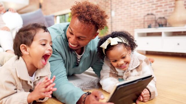 Funny face, selfie and tablet with family on floor in living room of home together for comedy or humor. Recording, smile or video with dad, daughter and son children in apartment for playful joke