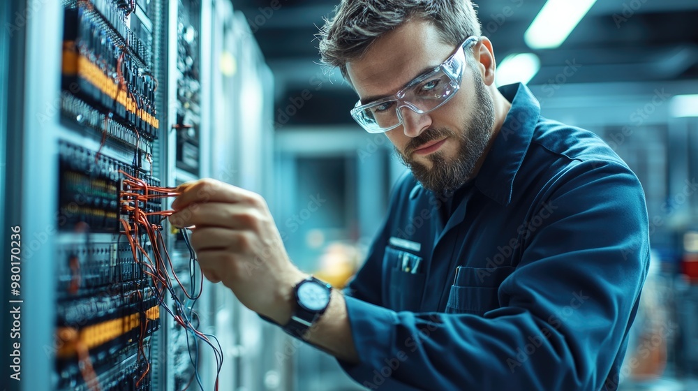 Poster technician working on server wires in data center, showcasing expertise and technology in a focused 