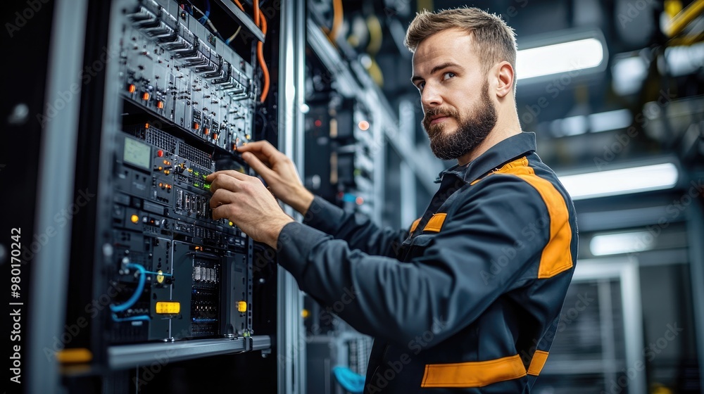 Poster technician working on server equipment in a modern data center, ensuring connectivity and performanc