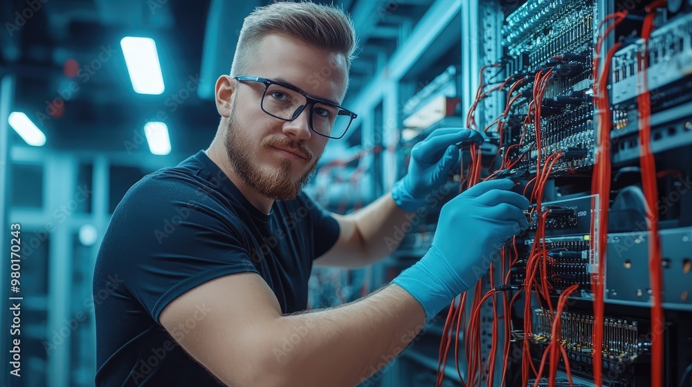 Poster technician working on server hardware, managing cables and connections in a data center environment 