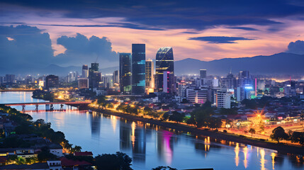 Obraz premium Gleaming Dusk View of Hanoi City Skyline Vibrant Architectural Marvels & Bustling Streets