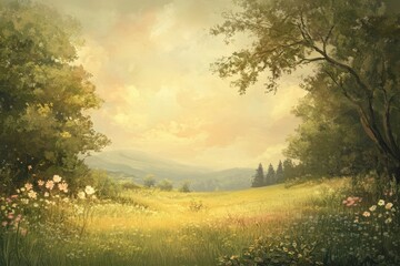 A Sunlit Meadow with Lush Greenery and Delicate Flowers