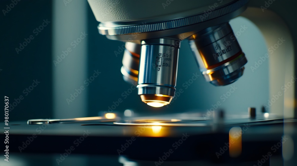 Poster close-up of a microscope lens with a warm glow emanating from it.