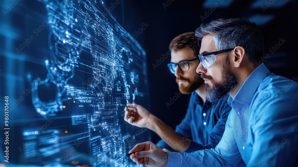 Poster two professionals analyzing data on a digital interface, showcasing teamwork and technology in a mod
