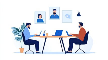 Two professionals work collaboratively at a modern office desk, focused on laptops and surrounded by inspiring artwork.