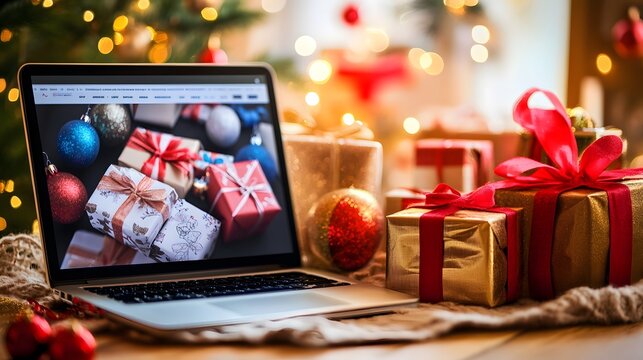 Holiday online shopping scene with a laptop screen showcasing festive discounts and special deals, surrounded by Christmas presents, capturing the essence of digital consumerism during