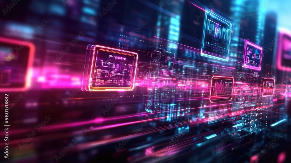 Poster vibrant digital abstract showcasing advanced technology with glowing lines and circuit patterns in a