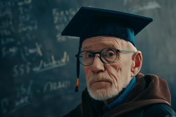 Old man wearing a graduation gown symbolizing perseverance and success in classroom with blackboard on background.