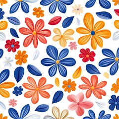Vibrant floral pattern featuring colorful flowers and leaves on a light background, perfect for spring-themed designs.