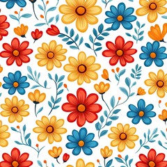 Vibrant floral pattern featuring colorful flowers and leaves on a white background, perfect for fabrics and wallpapers.