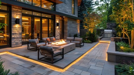 Elegant outdoor patio setup with plush seating, a warm fire pit, and ambient lighting, creating a perfect space for relaxing evenings.