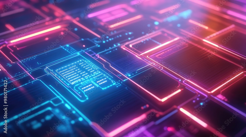 Poster vibrant neon circuit design featuring intricate patterns, representing technology, innovation, and d