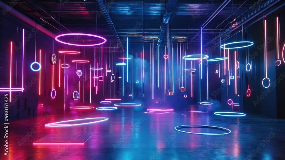 Poster vibrant neon lights create a mesmerizing atmosphere in a modern space, perfect for artistic and dyna