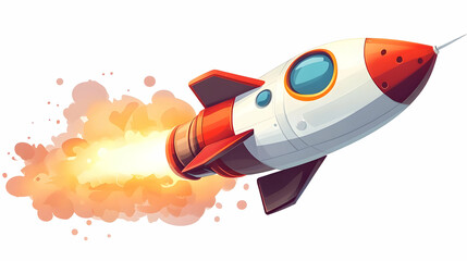 A colorful cartoon rocket launching into space, complete with flames and smoke, symbolizing adventure and exploration.
