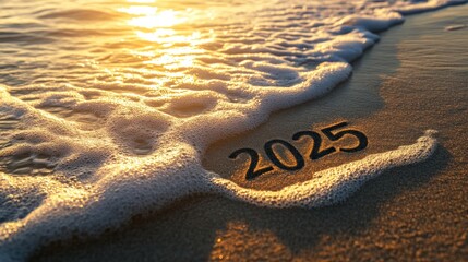 New year 2025 text on sea sand and waves on the beach at sunset.