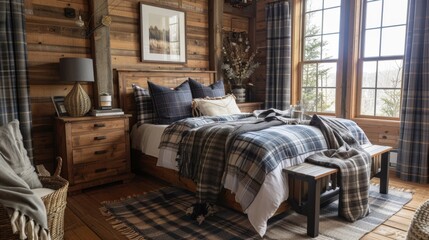 Elegant rustic bedroom showcasing wooden furniture, plaid bedding, and a snug, cozy atmosphere, perfect for a relaxing and homely environment.