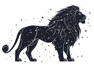 A majestic lion silhouette adorned with stars, symbolizing strength and leadership in a cosmic design.