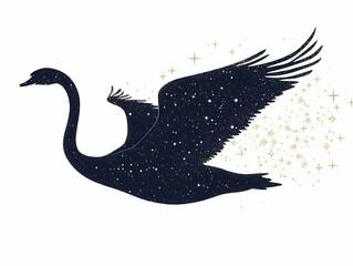 Obraz premium An elegant black swan in flight, surrounded by shimmering stars, representing grace and beauty in nature.