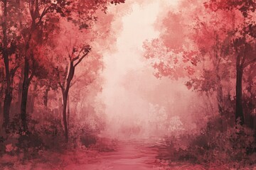 Misty Red Forest Path with Silhouettes of Trees