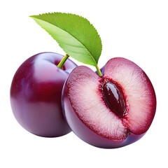 Fresh and juicy plum with a vibrant purple skin and leaf, showcasing its sweet and succulent...