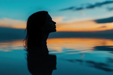 A peaceful silhouette of a woman submerged in tranquil water during a stunning sunset, creating a serene and reflective atmosphere.